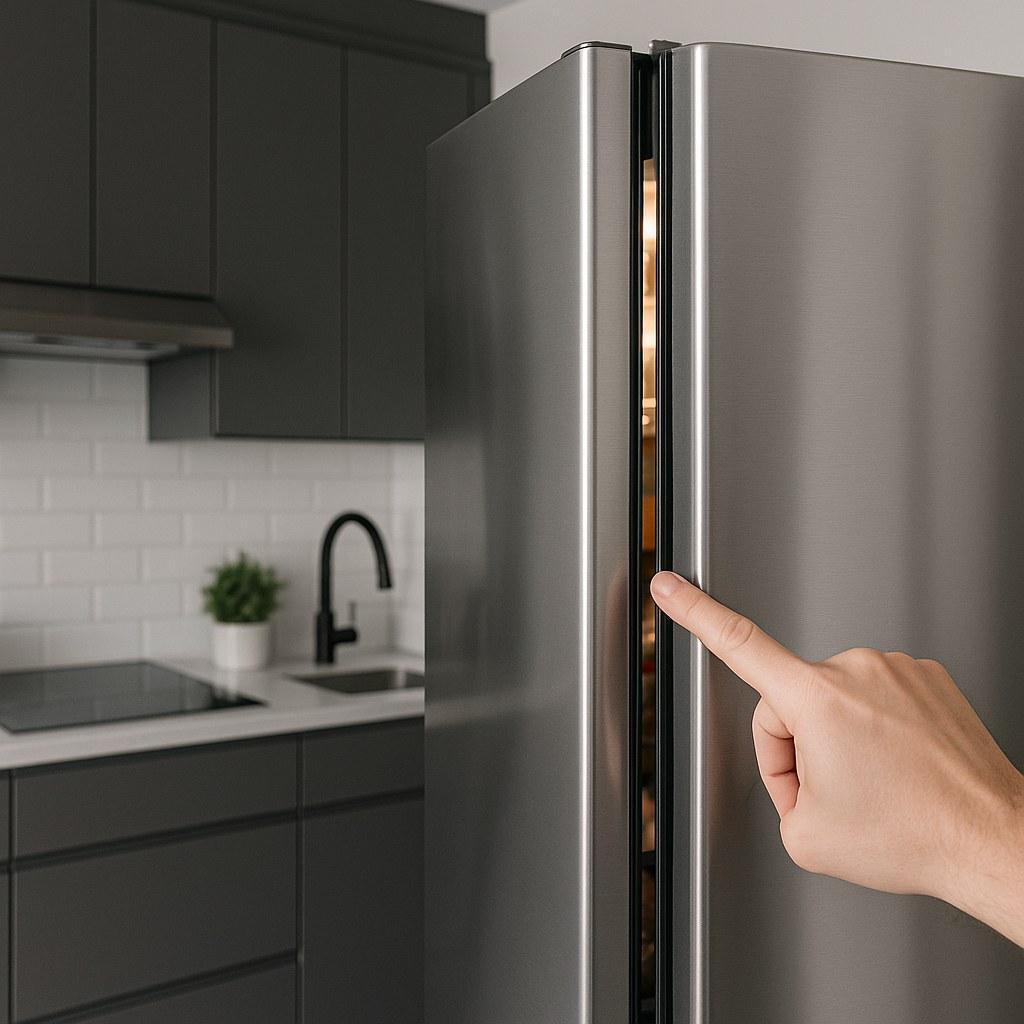A refrigerator door that is not sealing properly, leaving a gap.