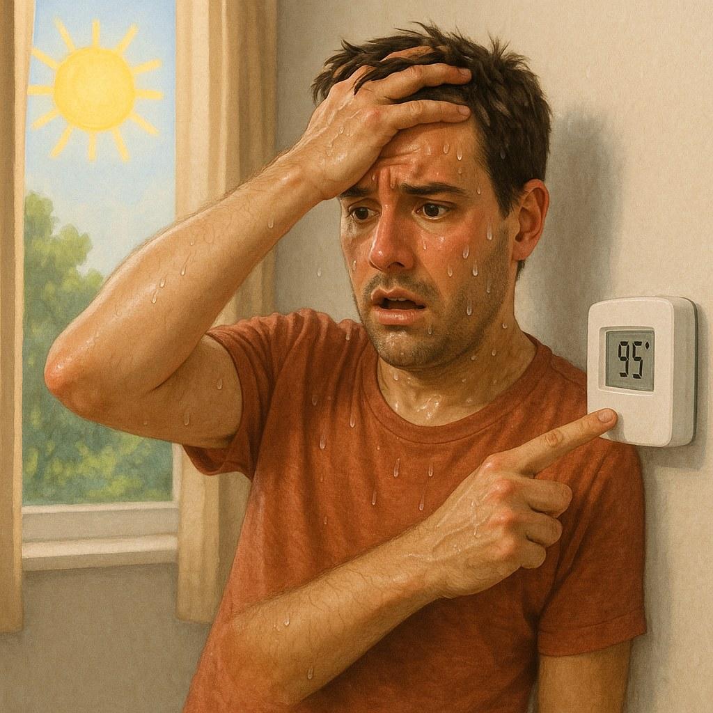 A person looking at their thermostat, concerned that their heat pump is not cooling