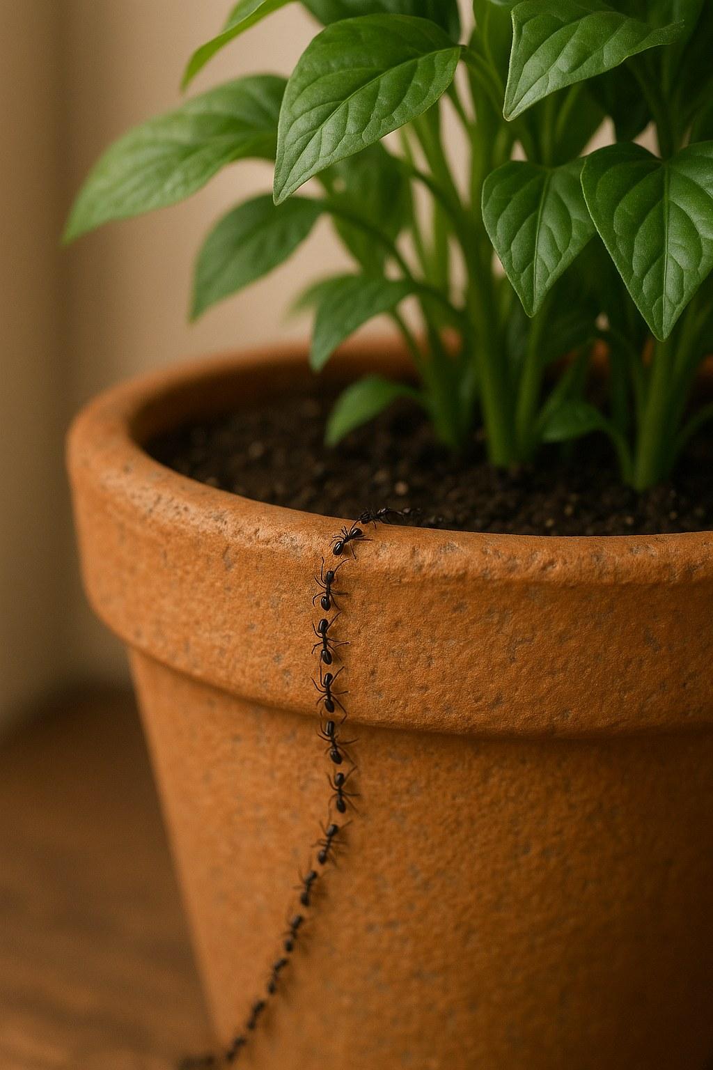 A close-up of ants crawling on the soil and pot of an indoor plant
