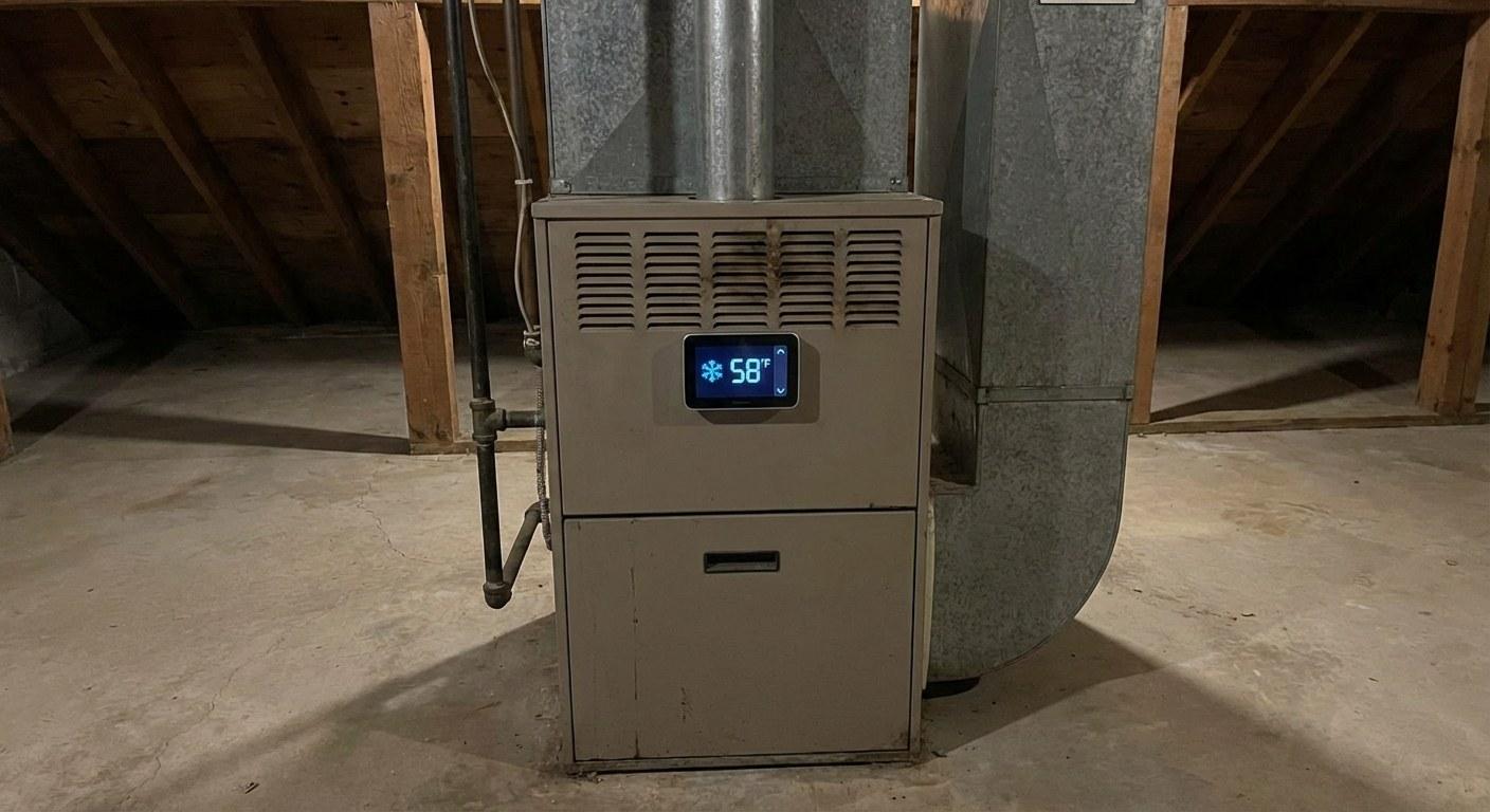A home furnace with a person looking at the thermostat settings.