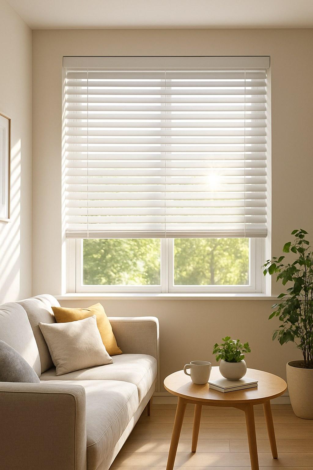 Newly installed horizontal blinds on a large window.
