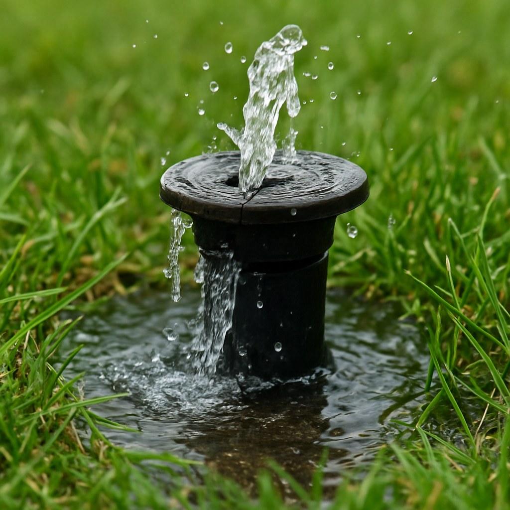 A broken sprinkler head leaking water onto a lawn