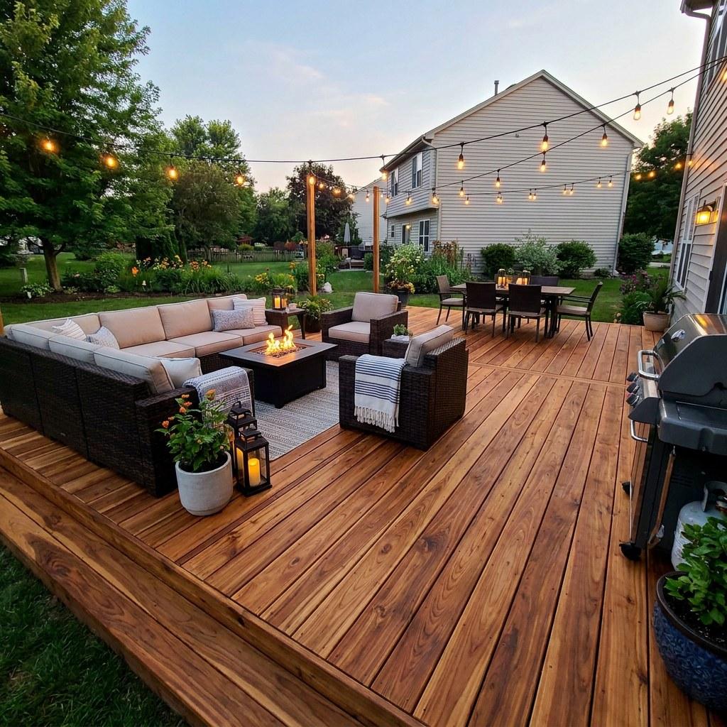 A completed wood deck with outdoor furniture in a neat suburban backyard