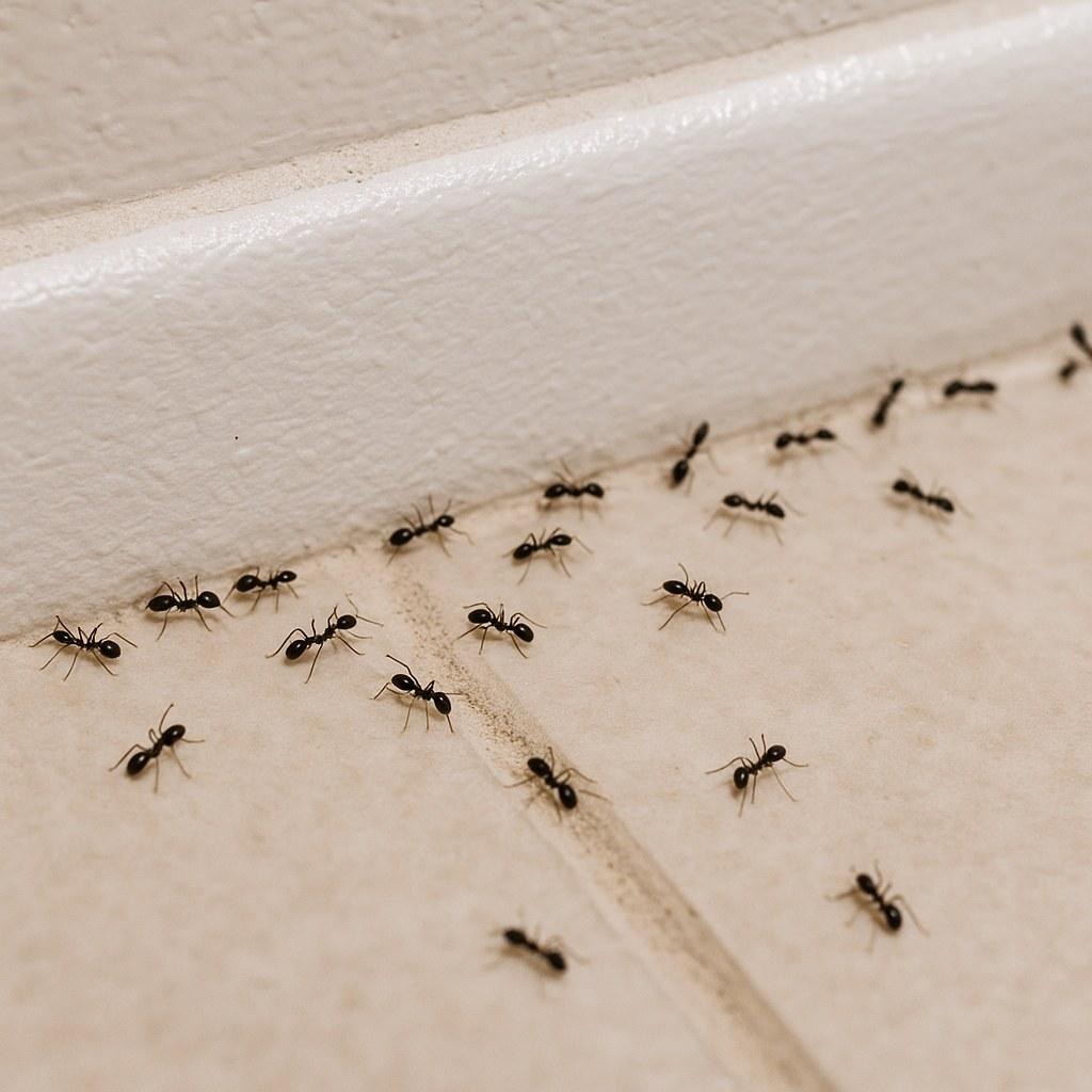 A trail of small ants on a bathroom floor
