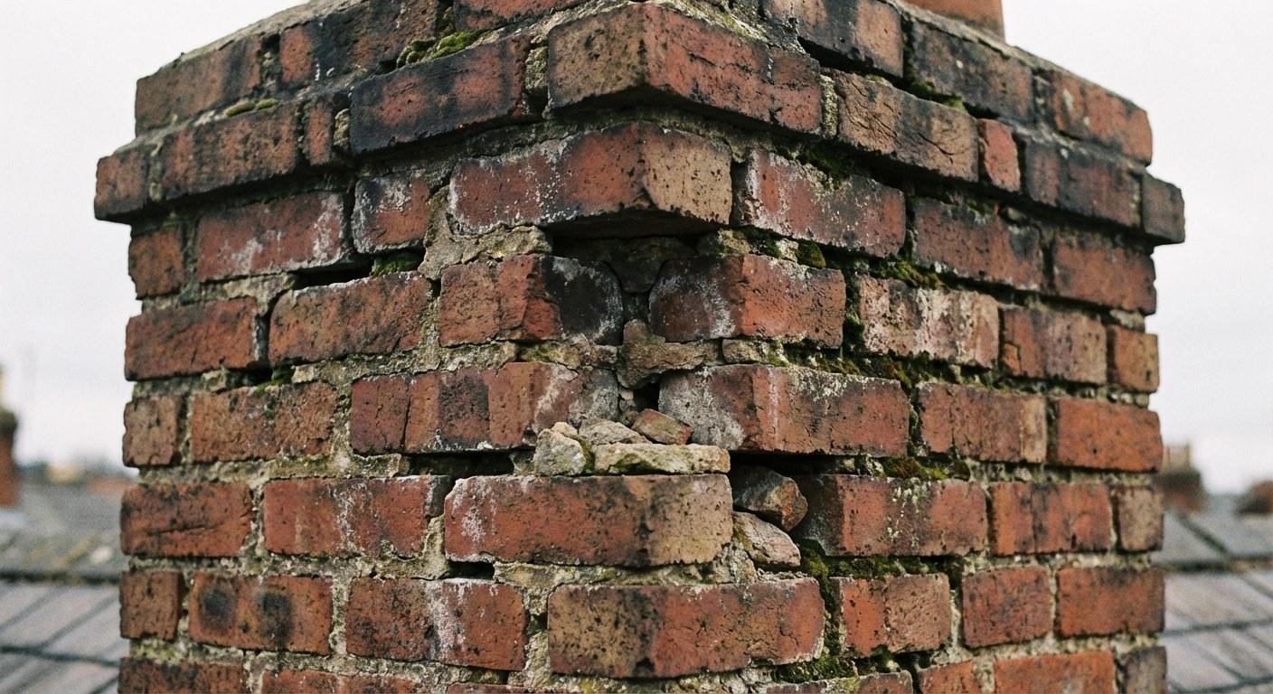 Close up of weathered brick chimney with gaps in the mortar