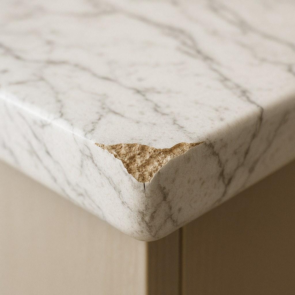 A close-up of a chipped laminate countertop edge.