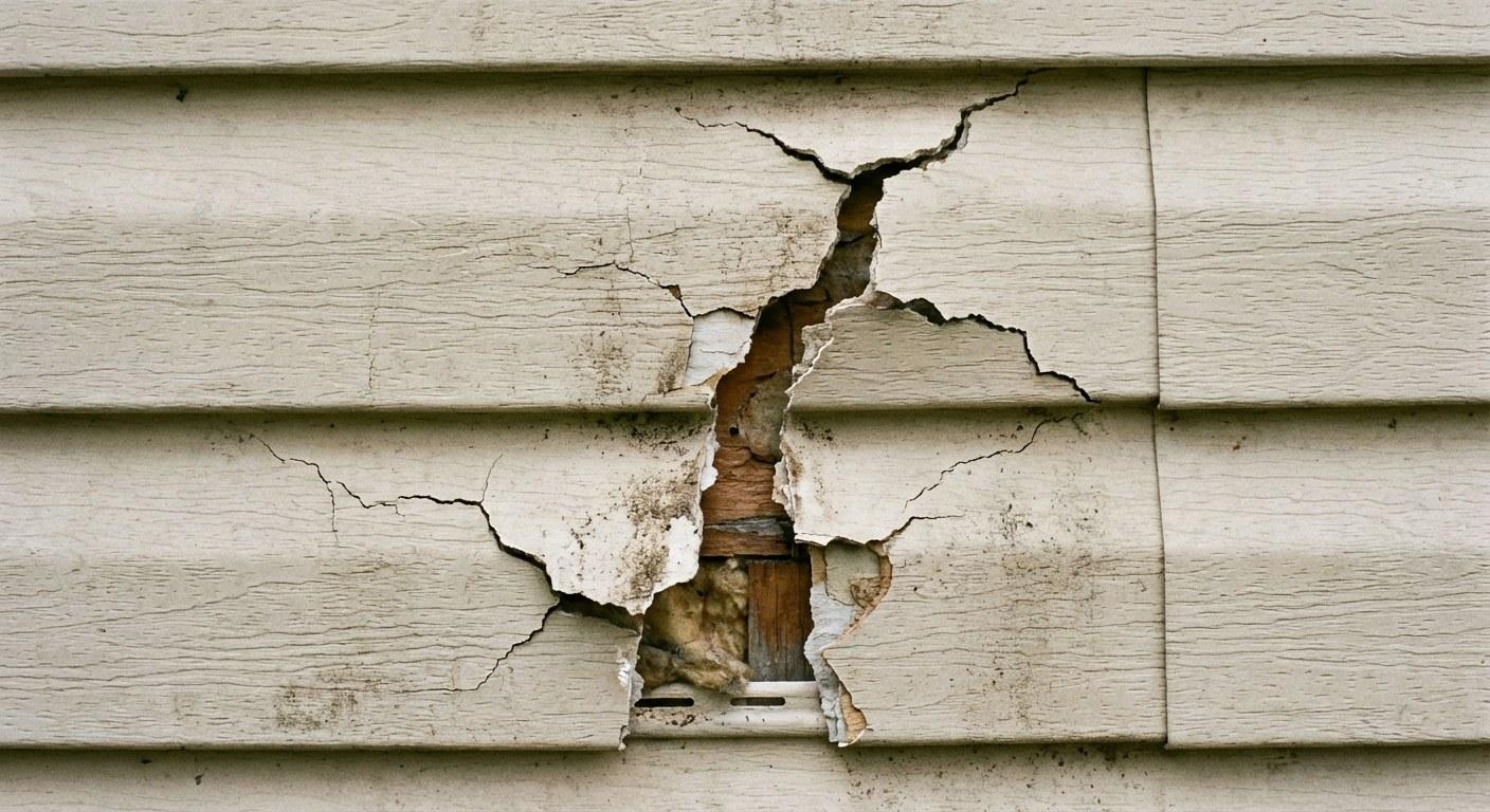 A close-up photograph of a gray vinyl siding panel with a visible crack.