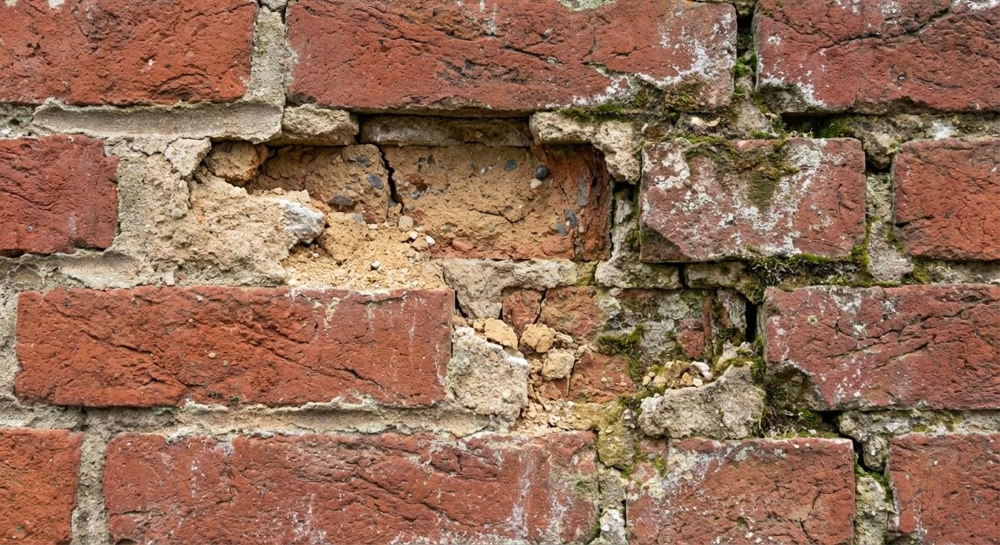 A close-up view of weathered and crumbling mortar joints between old red bricks on a home foundation.
