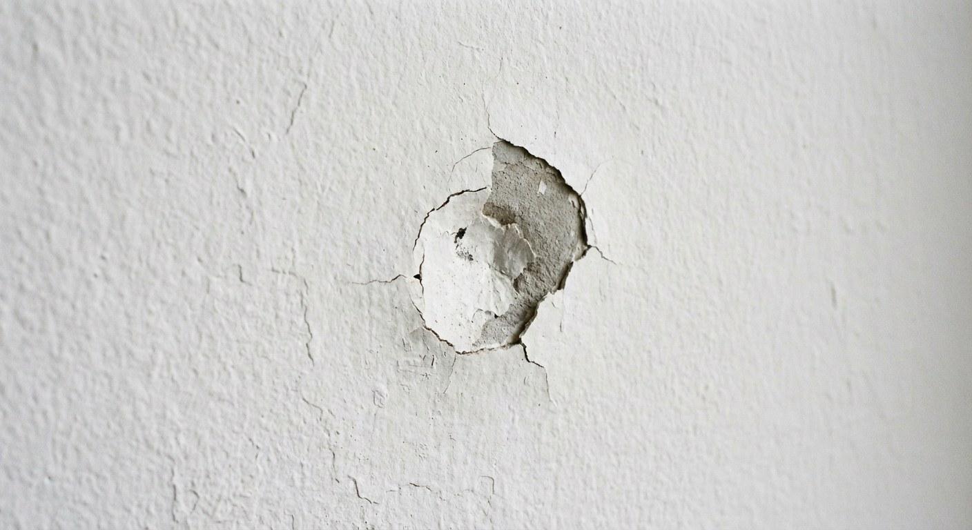 Close-up of a small dent in drywall