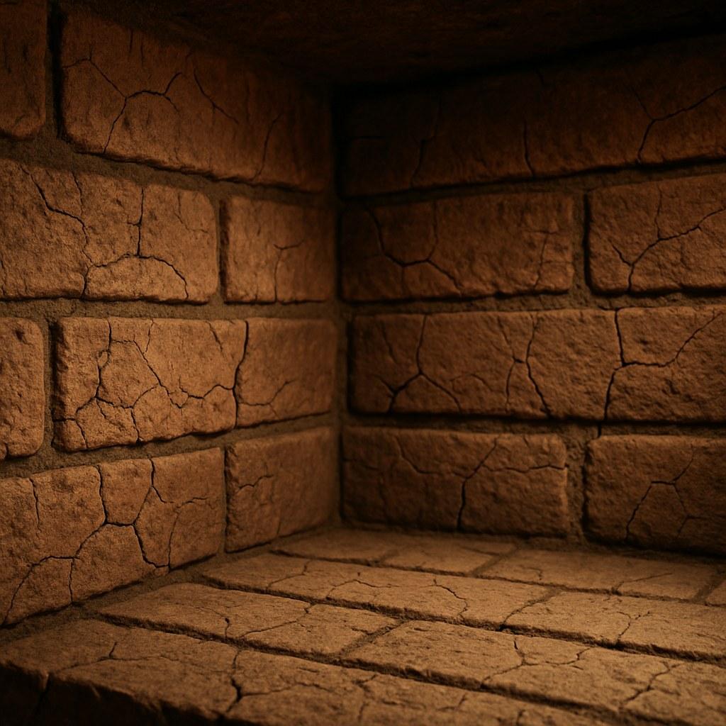 Close-up of cracked bricks and mortar inside a fireplace