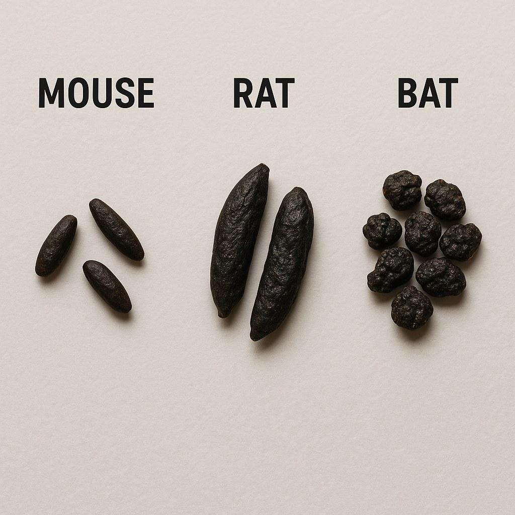 Comparison of mouse, rat, and bat droppings to help with identification