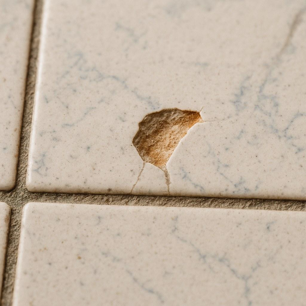 A close-up view of a noticeable chip on a gray ceramic floor tile