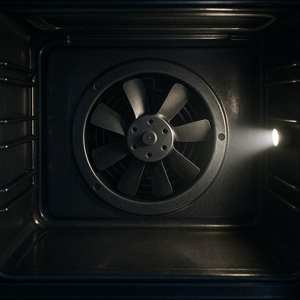 A convection oven fan inside an oven being inspected.