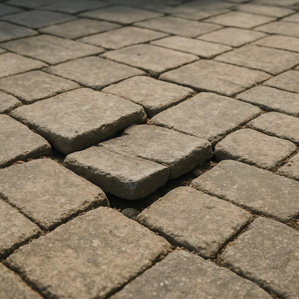 An uneven paver patio with several sunken and wobbly stones