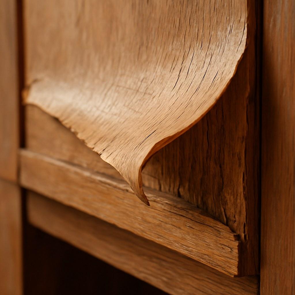 A close-up view of peeling laminate veneer on a kitchen cabinet door.