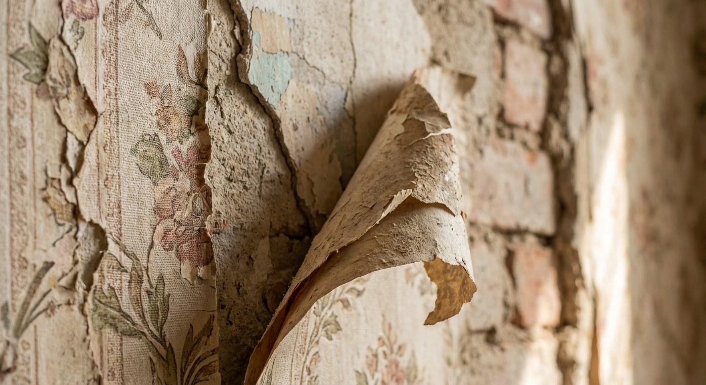 A wallpaper seam with curling edges separating from a light-colored wall.