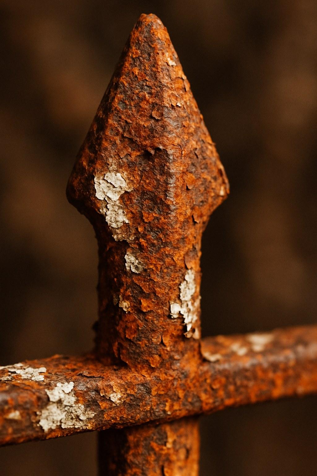 Close-up of a corroded and rusty metal fence