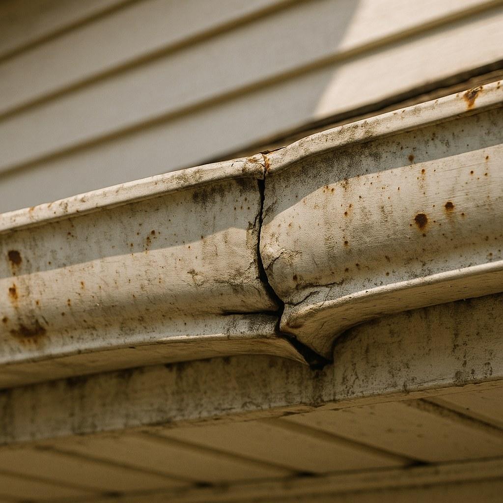 A sagging and cracked gutter in need of replacement