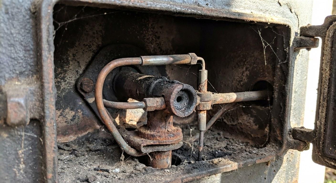 The interior components of a boiler, showing the pilot light assembly and burners.