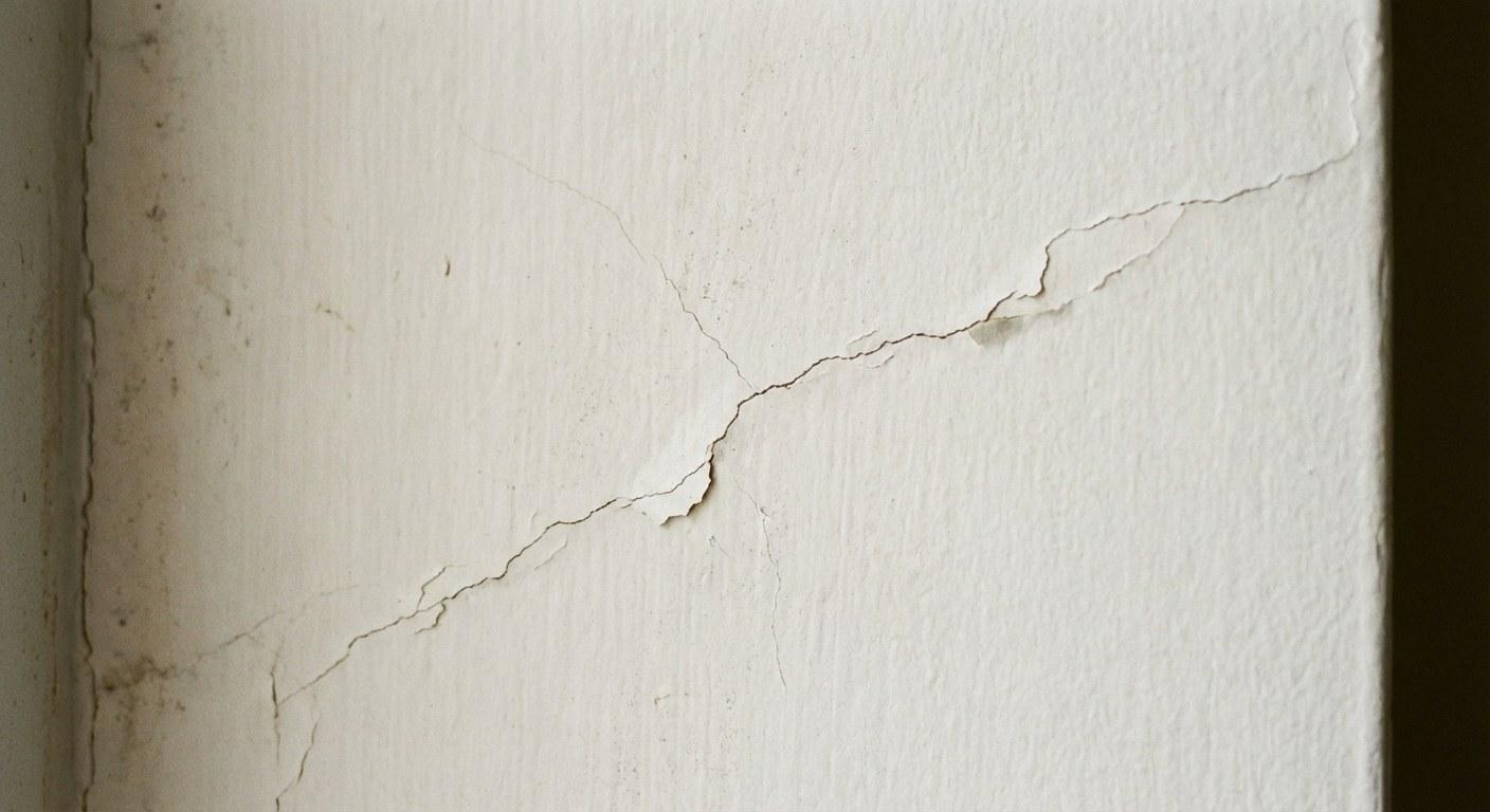 Close up view of a hairline crack in drywall