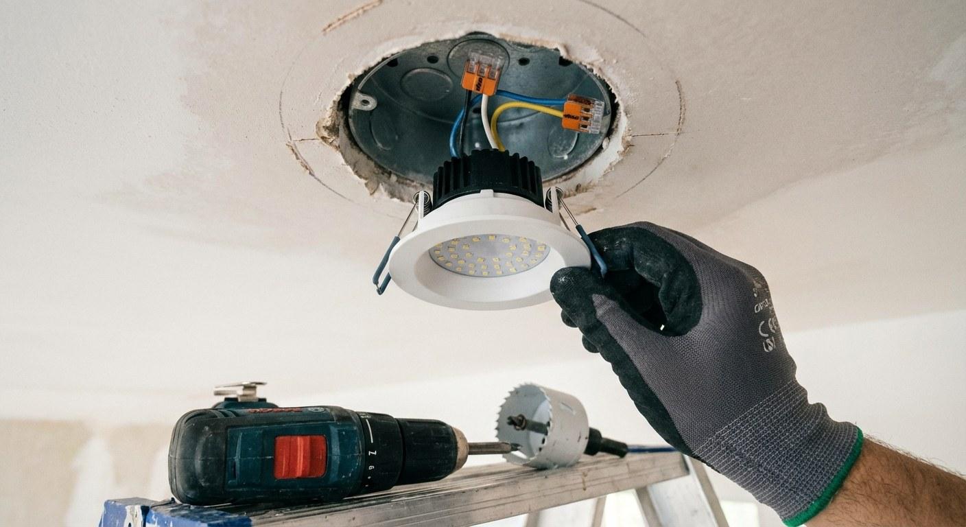 A homeowner installing a recessed light fixture into a drywall ceiling
