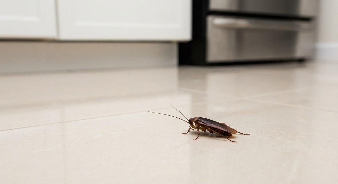 A single cockroach on a kitchen tile floor, illustrating a common pest sighting.