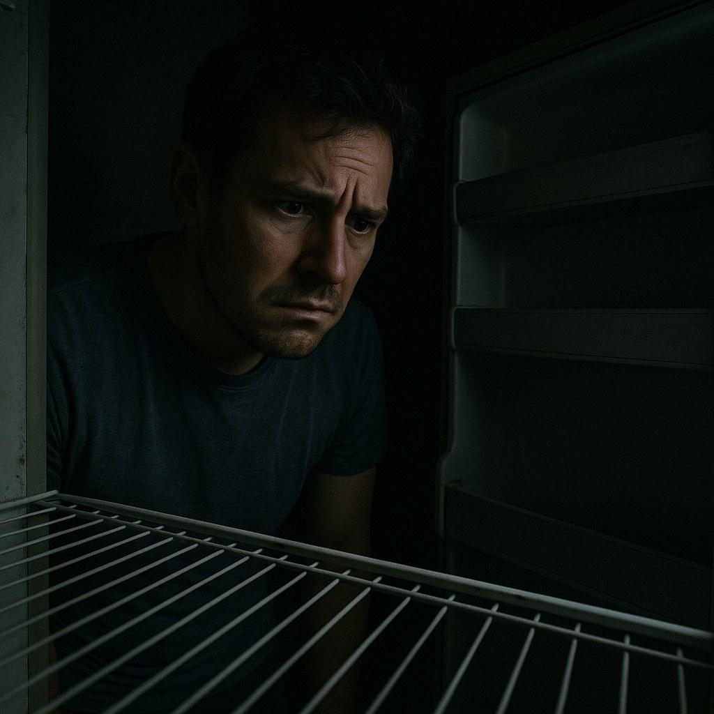 A refrigerator with its door open, showing no interior light and indicating a power issue.