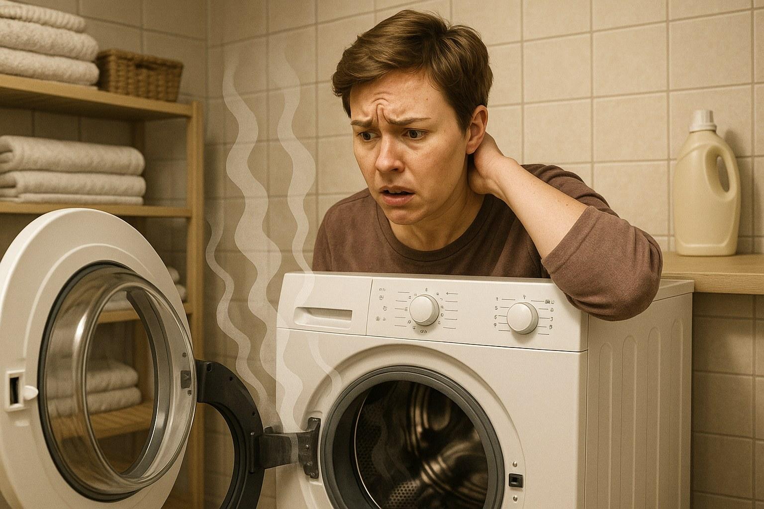 A person peers into a washing machine drum, reacting to a bad smell.