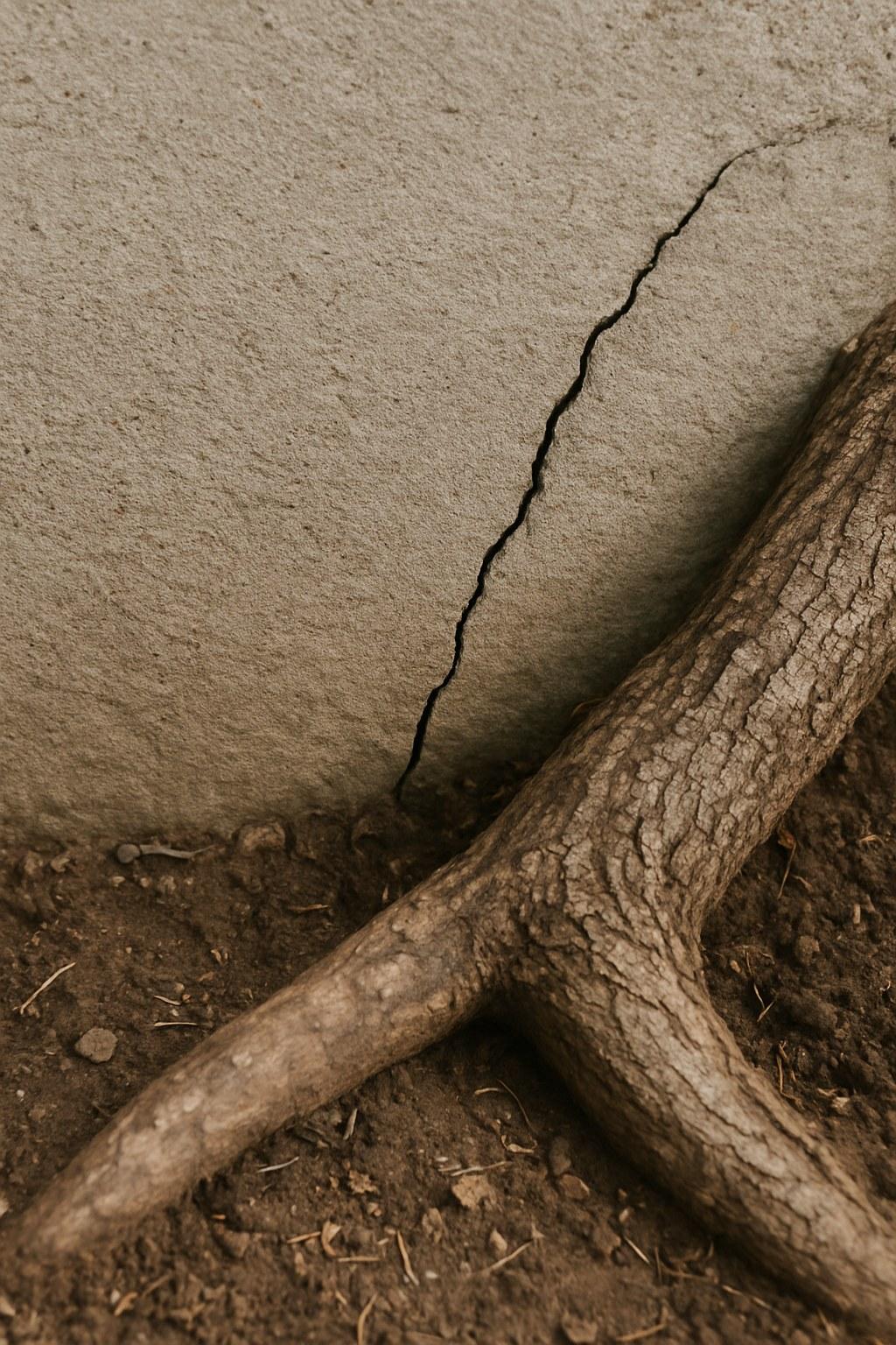 A hairline crack in a home's foundation near a large tree root