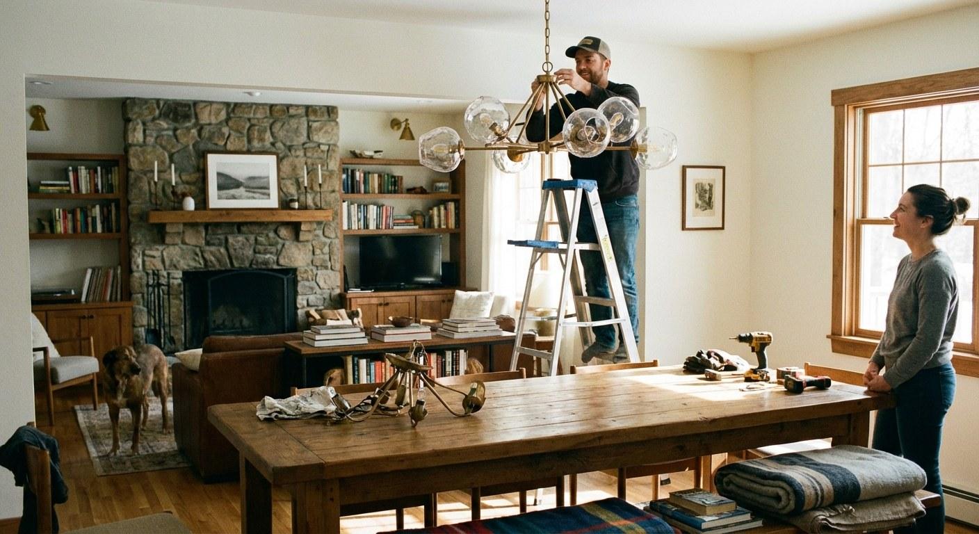 A homeowner standing on a ladder installing a modern chandelier