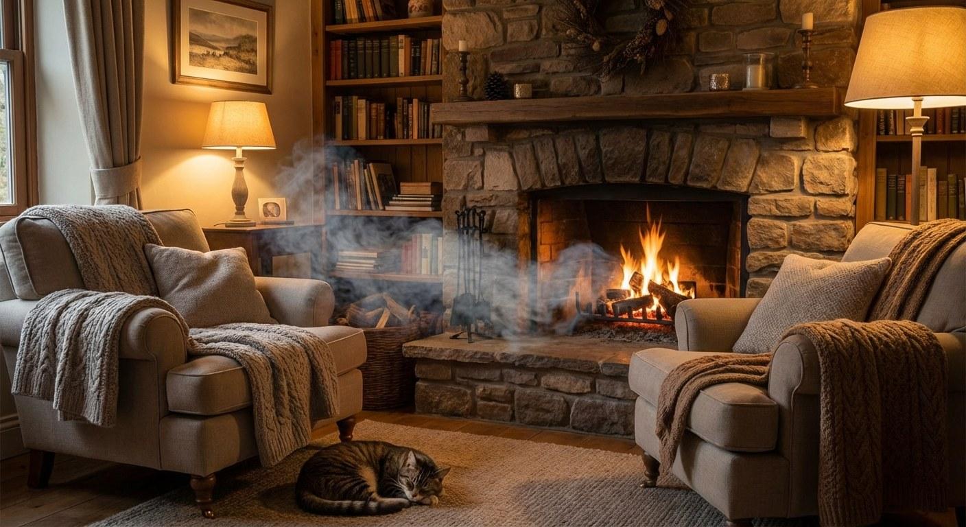 A living room fireplace with smoke entering the room instead of the chimney