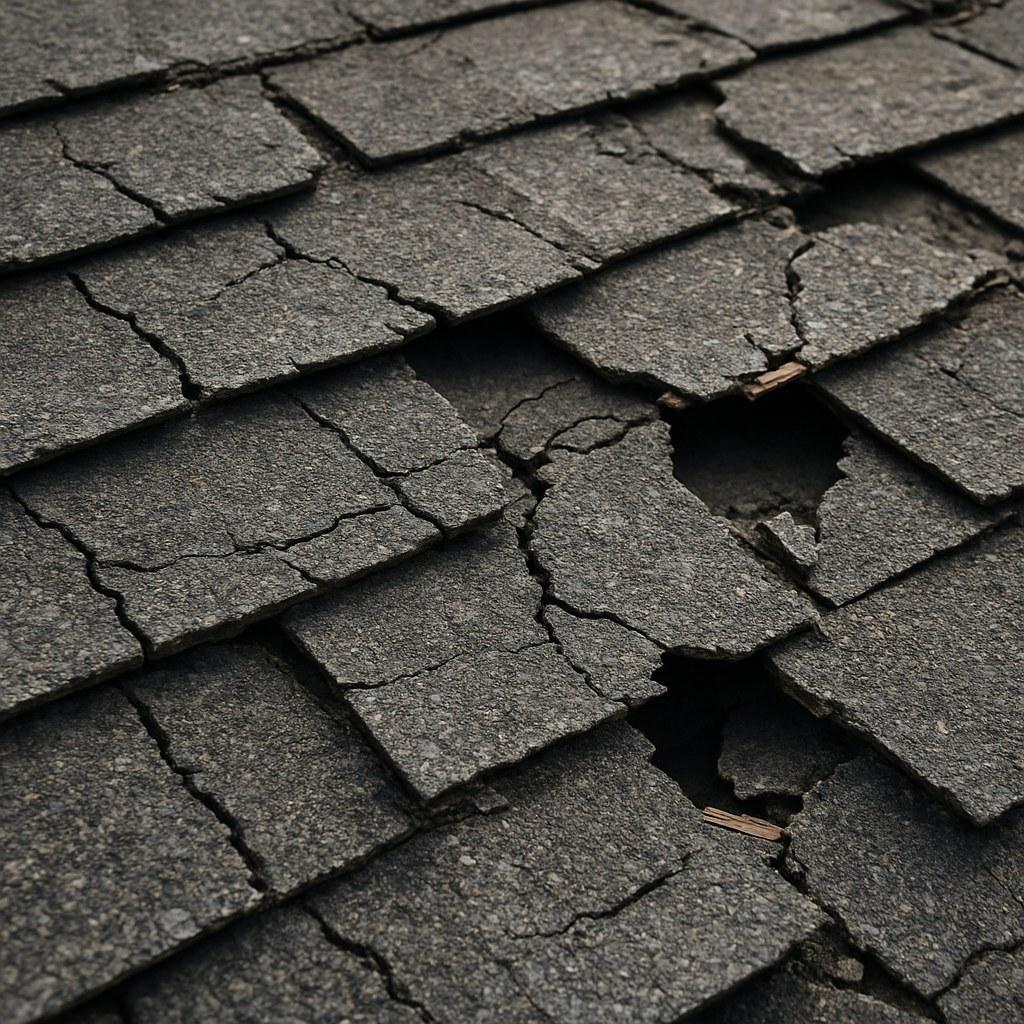 Damaged asphalt shingles on a residential roof