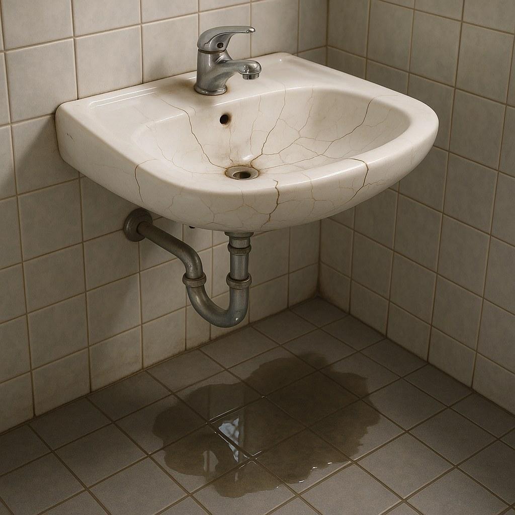 A cracked white porcelain sink basin leaking water onto the vanity.