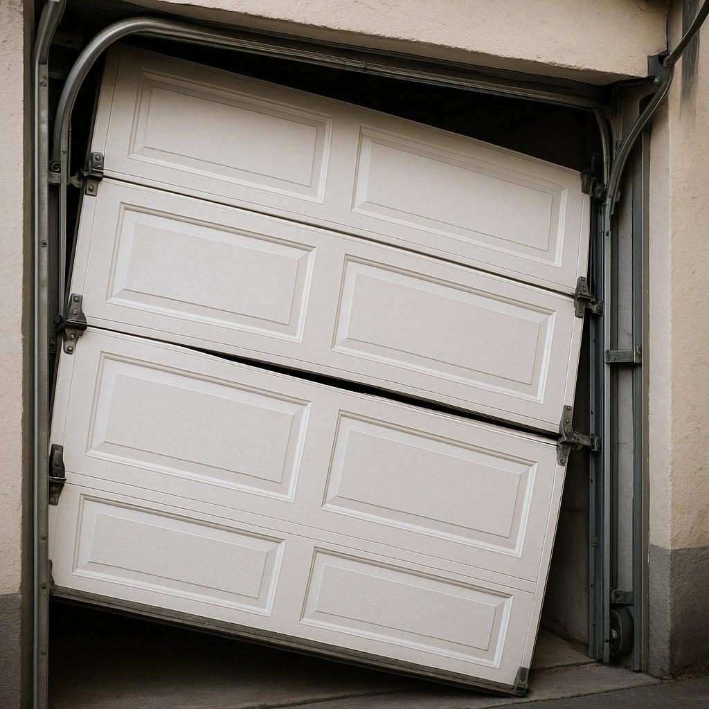 A garage door that is moving unevenly and appears stuck on one side.
