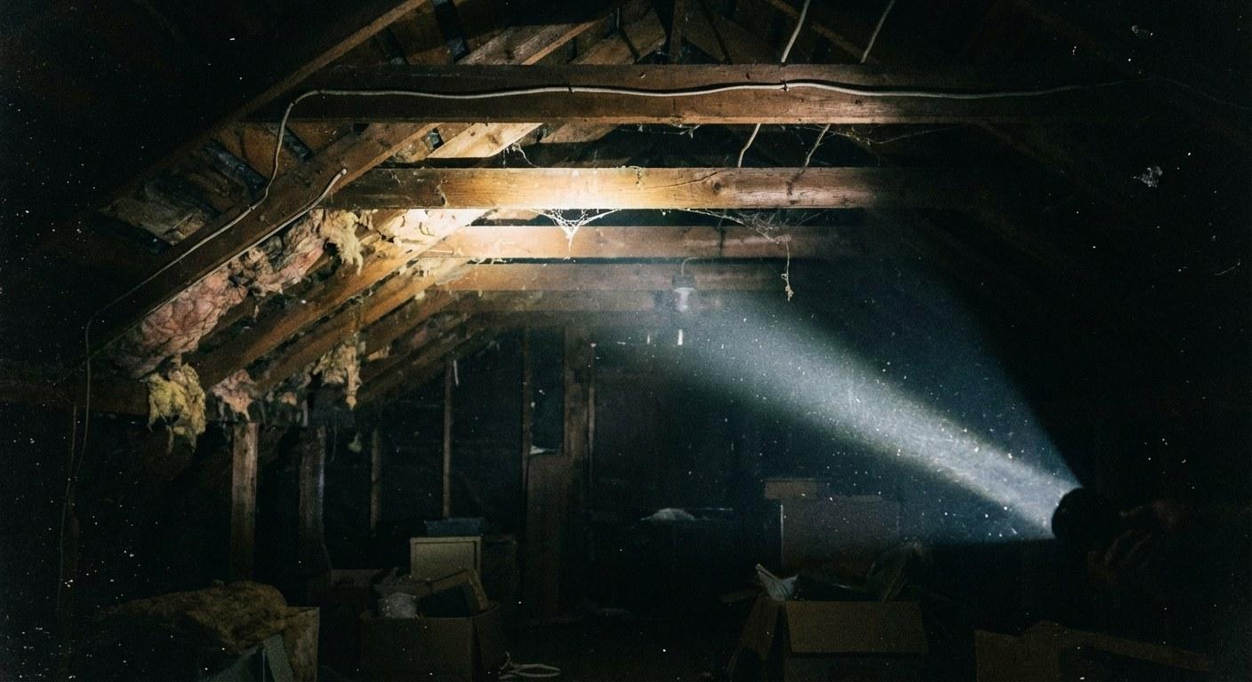 Flashlight beam illuminating an attic space where scratching noises might be heard