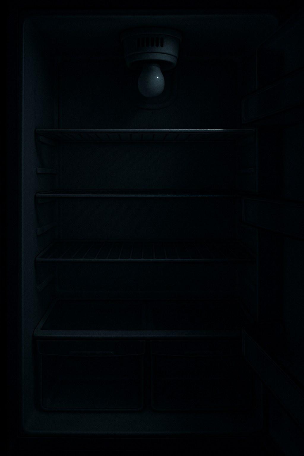 The dark interior of a refrigerator with the light out