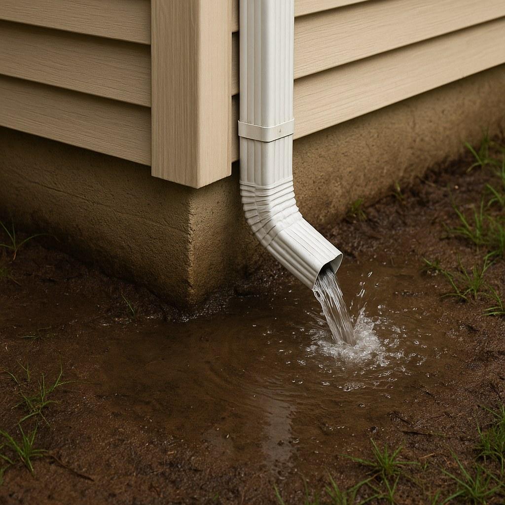A gutter downspout causing a puddle of water to form next to a home's foundation