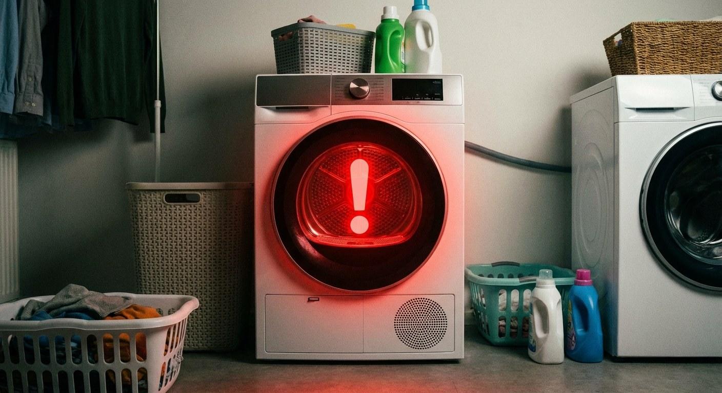 A clothes dryer that is overheating, indicated by a warning symbol.