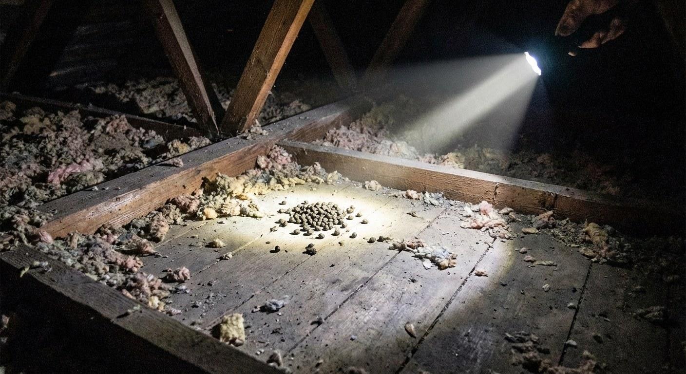 A person's hand holding a flashlight shining on unidentified animal droppings on a wooden floor.