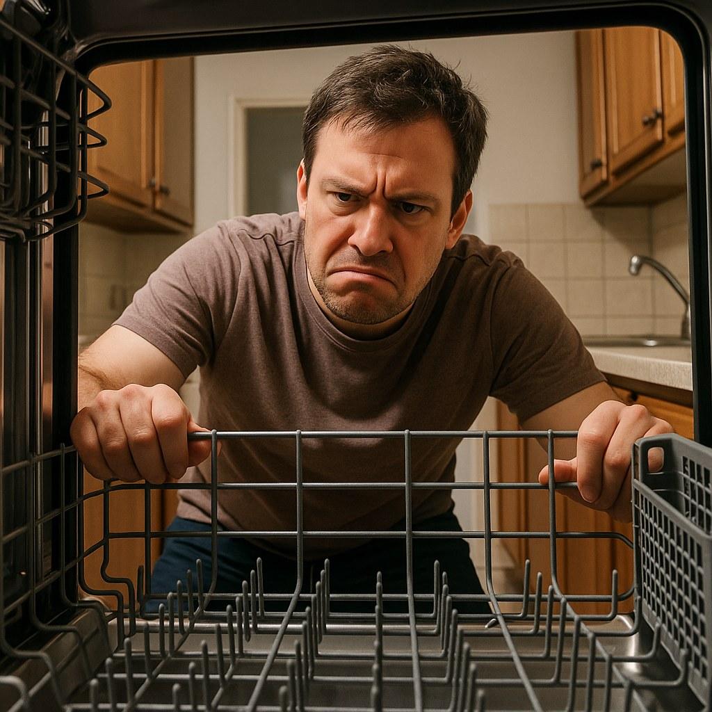 A dishwasher door is open, revealing racks of dirty dishes, but no water is in the bottom of the machine.