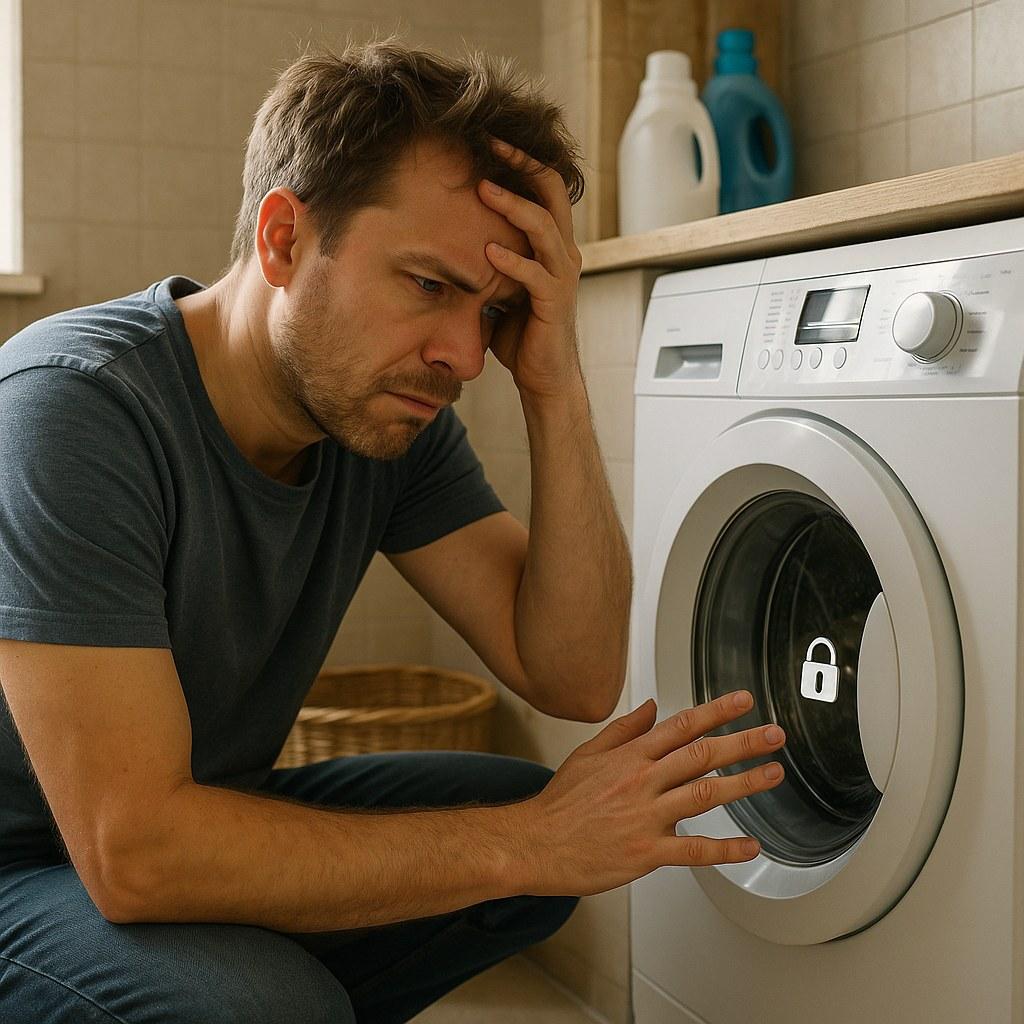 A washing machine with a locked door and a frustrated person standing next to it.