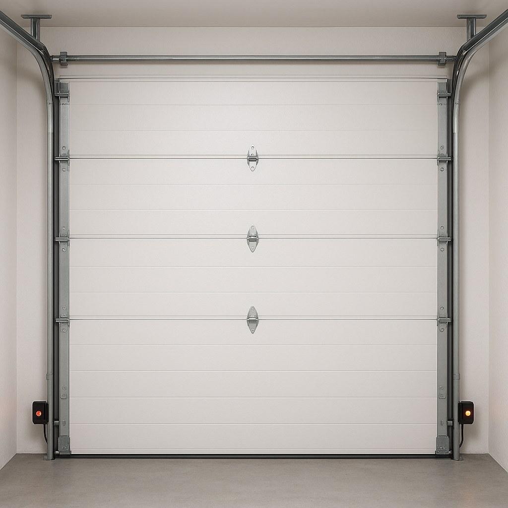 A garage door in the open position showing the path it takes to close