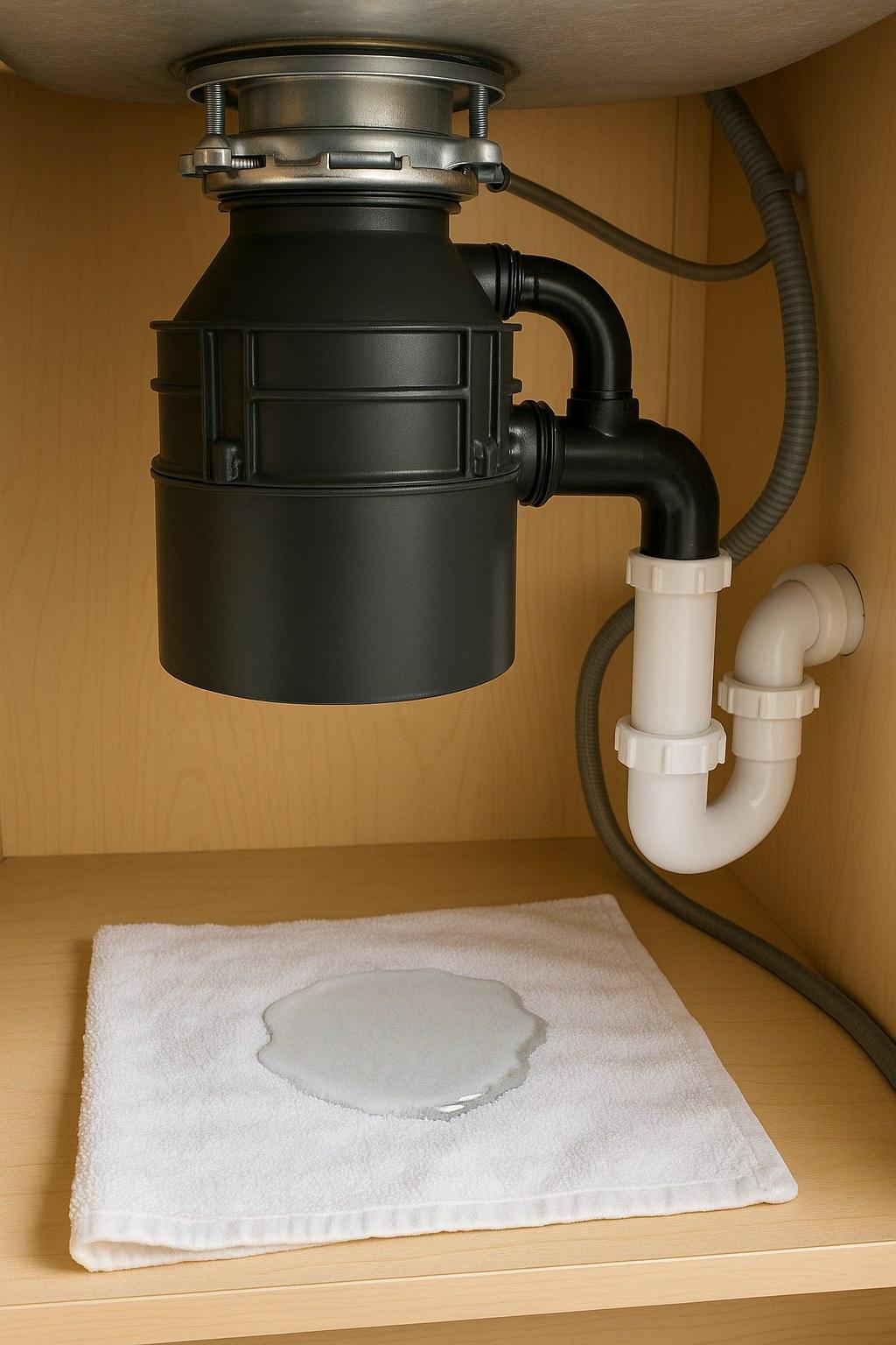 A garbage disposal with a leak under a kitchen sink