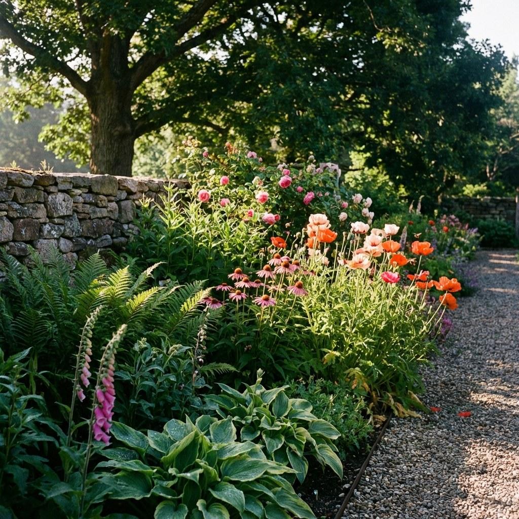A vegetable garden bed partially shaded by a nearby tree