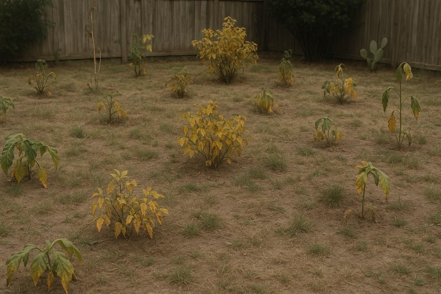 A struggling garden with plants that have stunted growth and wilting leaves.