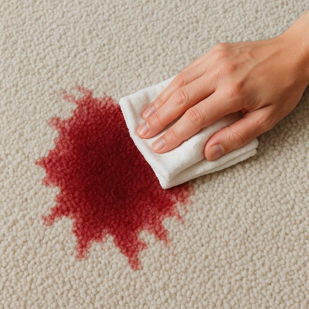 A person blotting a fresh red wine stain on a beige carpet.