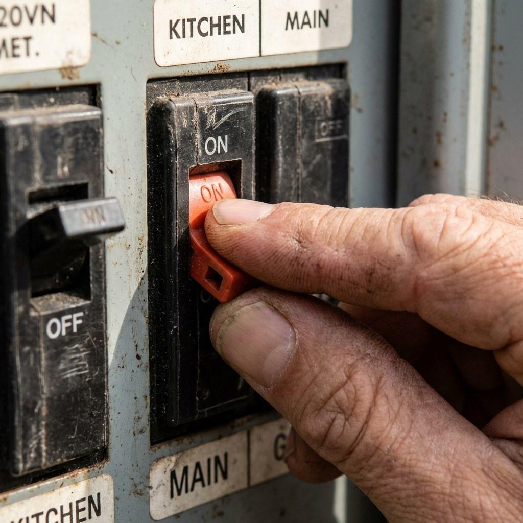 Close-up of a hand toggling a circuit breaker switch in an electrical panel