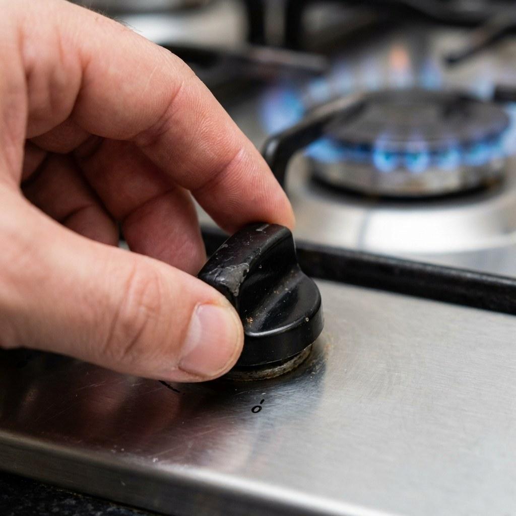 Close up of a hand turning a gas stove knob