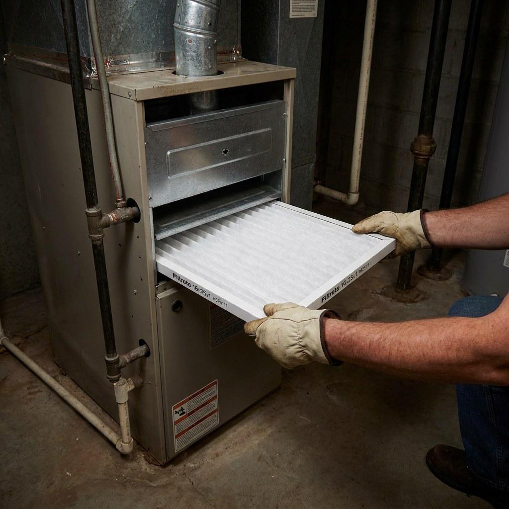 Homeowner inserting a new air filter into an HVAC unit