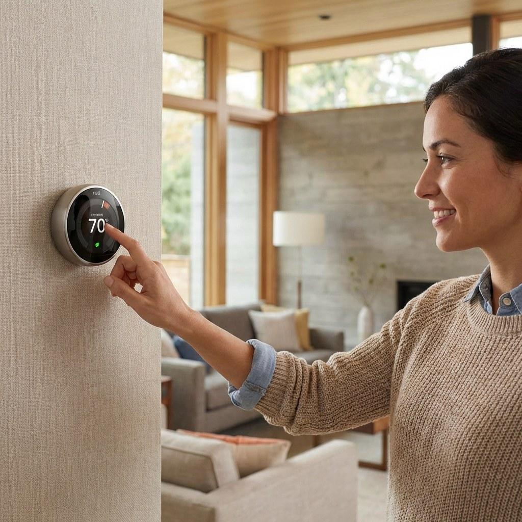 Homeowner checking a wall thermostat